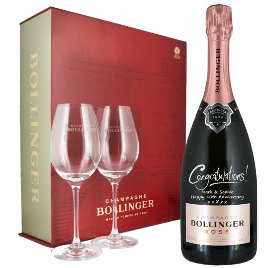 Personalised Bollinger Rose Champagne Gift Set With Glasses